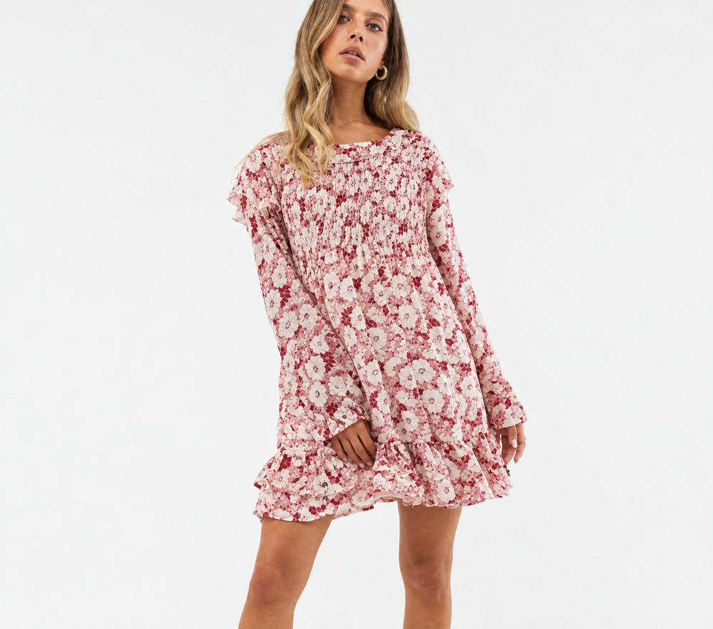Free People These Dreams Red Floral Smocked Long Sleeve Mini Dress Size L Boho